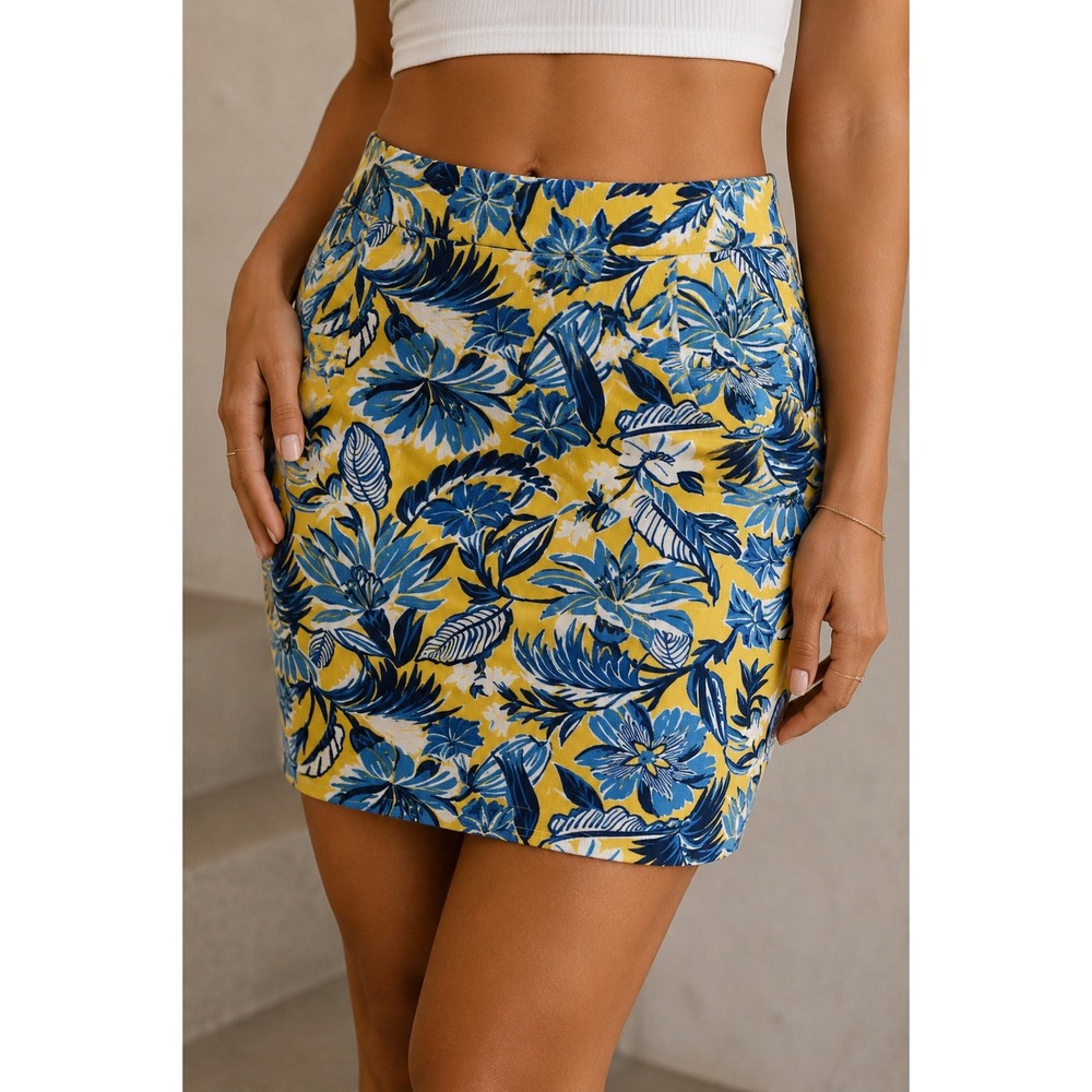J.Crew Yellow Blue Tropical Floral Cotton Lined Pencil Skirt Size 12